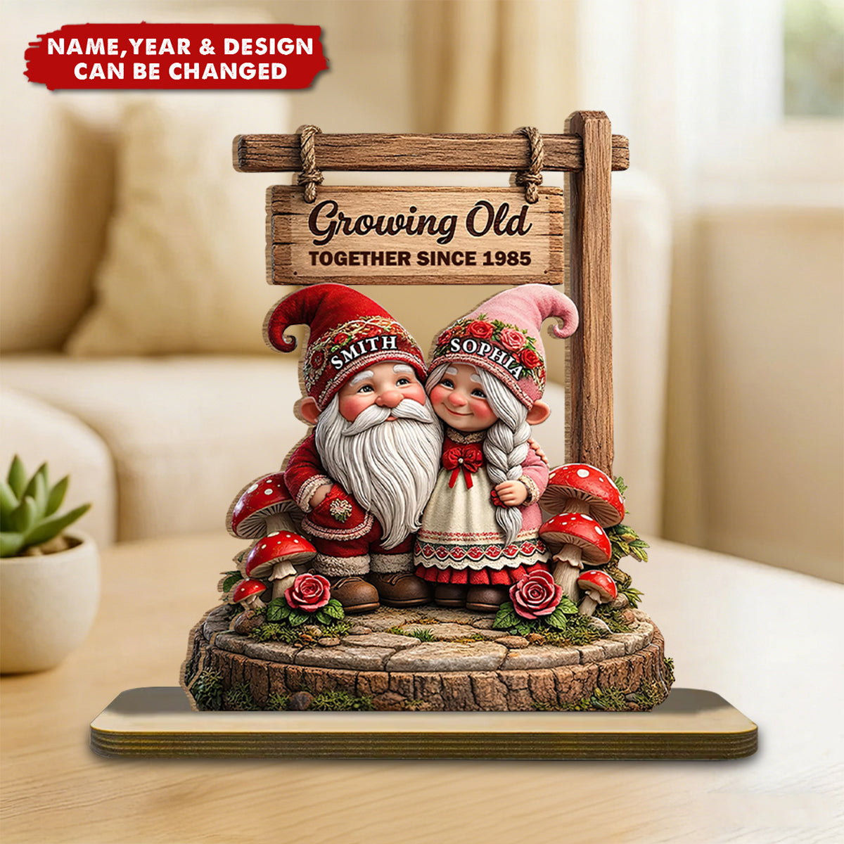 Personalized Growing Old Together Couple Wooden Plaque With Names & Year & Icons - Sweet Anniversary Gift Table Decor For Grandparents