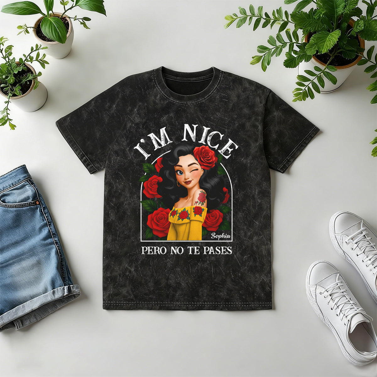 Personalized "Be A Chingona Hispanic" Acid Wash T‑Shirt With Design & Name Trendy Vintage Style Tee For Own & Friend
