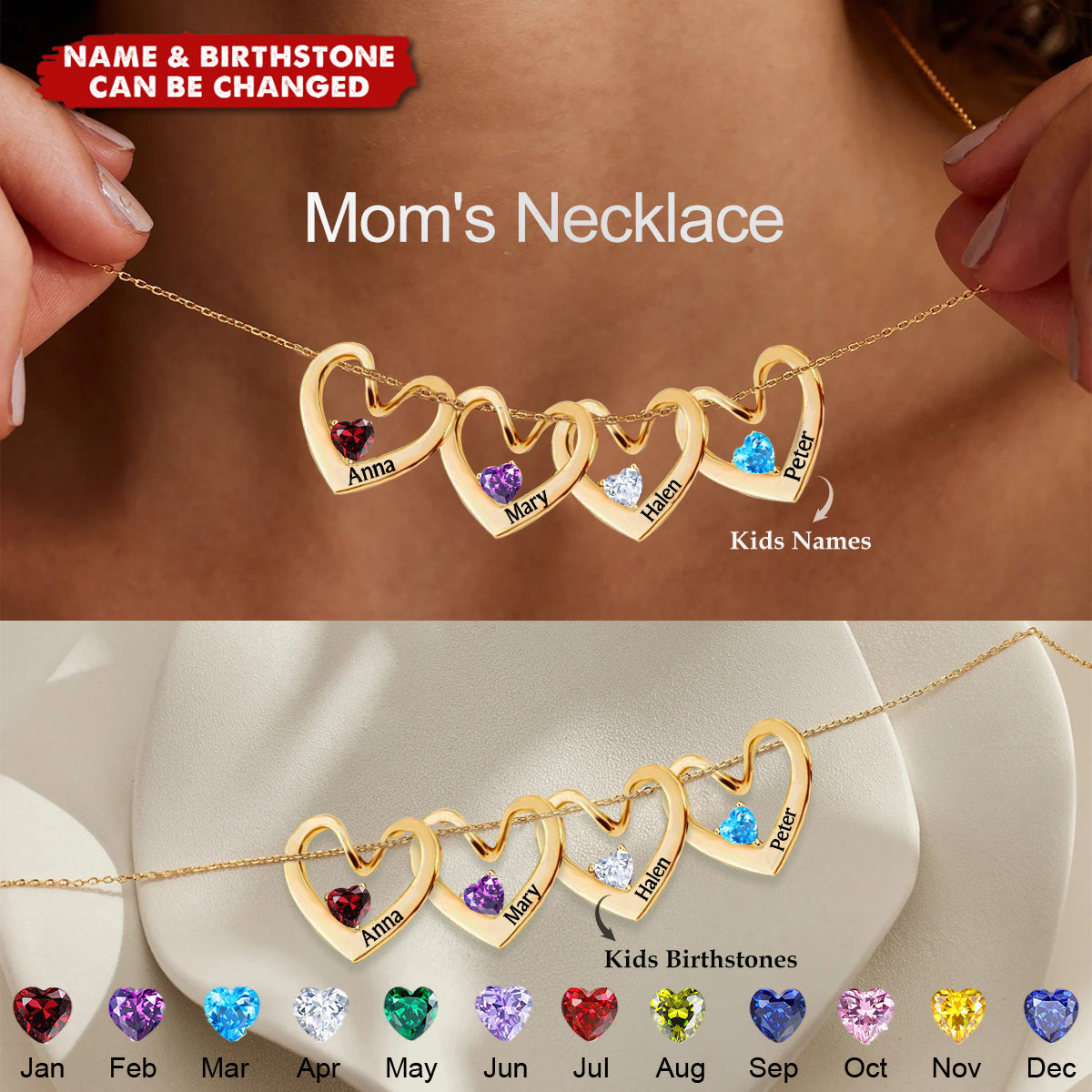 Personalized Heart Necklace with Name & Birthstone - Mother Grandma Gift