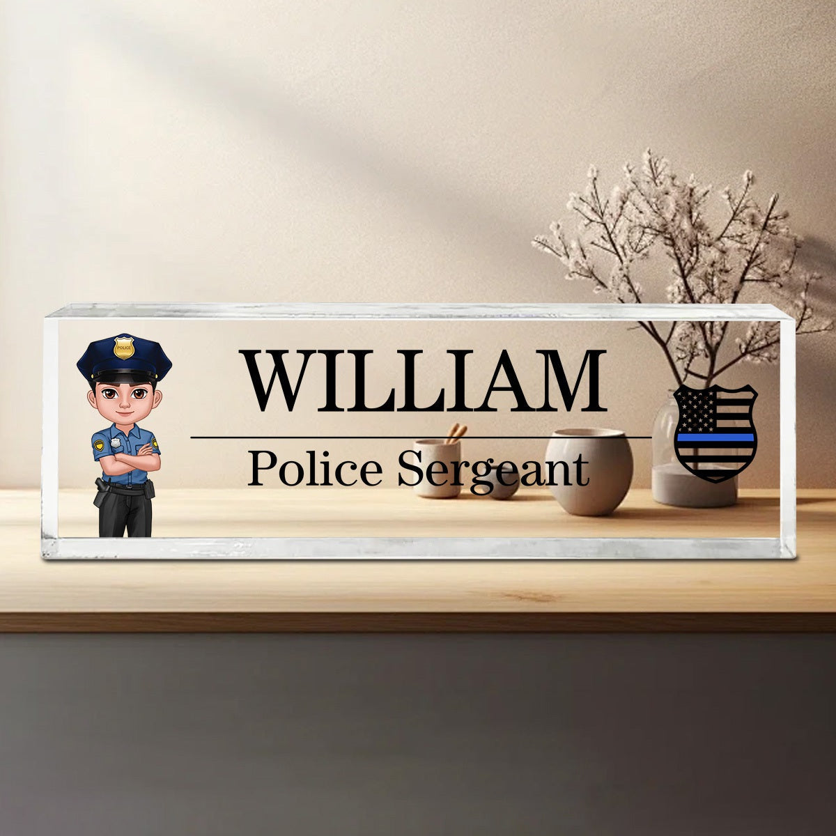 Police Thin Blue Line Personalized Acrylic Desk Name Plate, Office Decor, Appreciation Gift, Christmas Gift For Police Officers, Sheriff, Deputy Sheriff