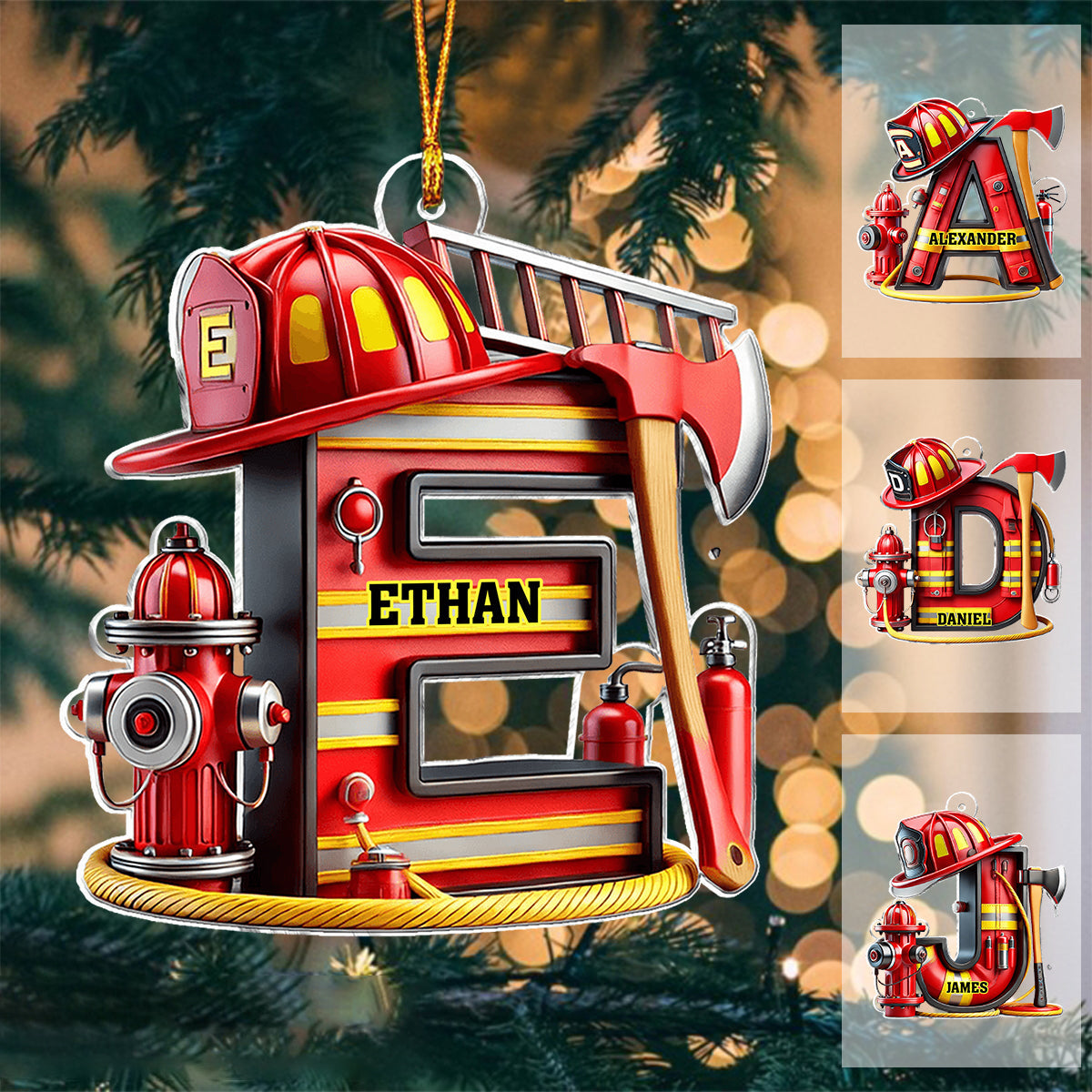 Personalized Firefighter Alphabet Ornament With Name & Axe Hydrant - Gift For Fireman First Responder