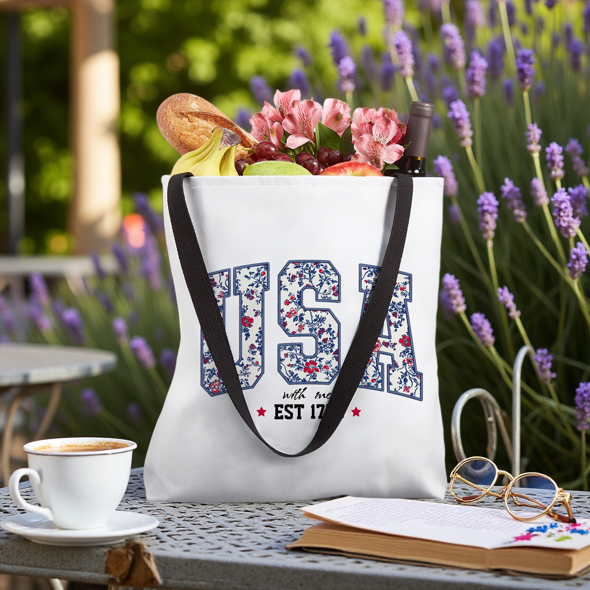 Personalized Tote Bag Floral USA 4th Of July Summer Patriotic America Est 1776 Independence Day