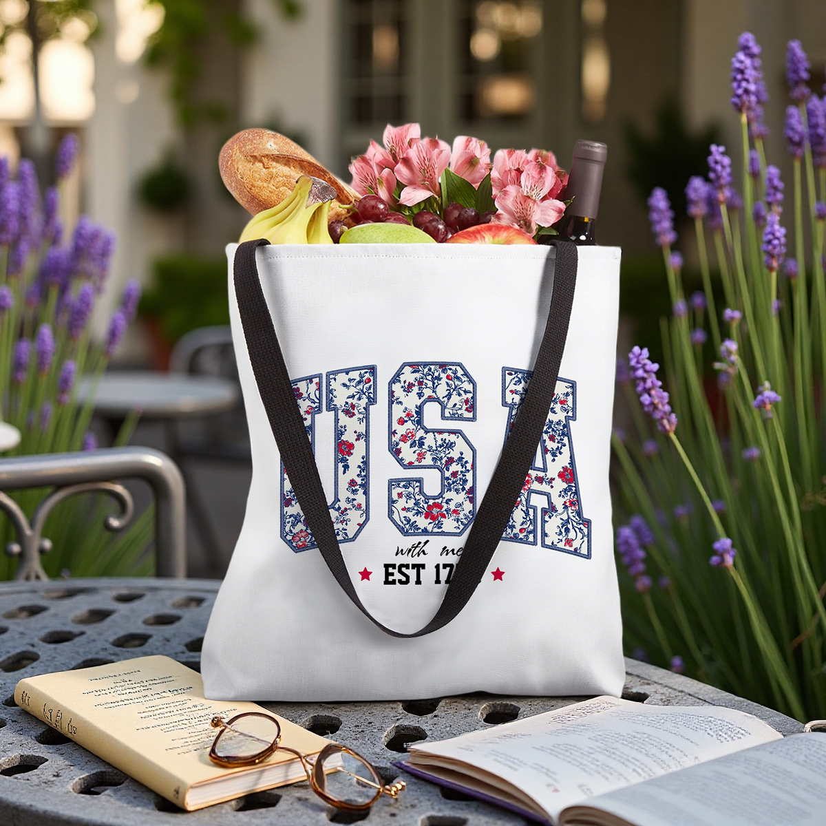 Personalized Tote Bag Floral USA 4th Of July Summer Patriotic America Est 1776 Independence Day