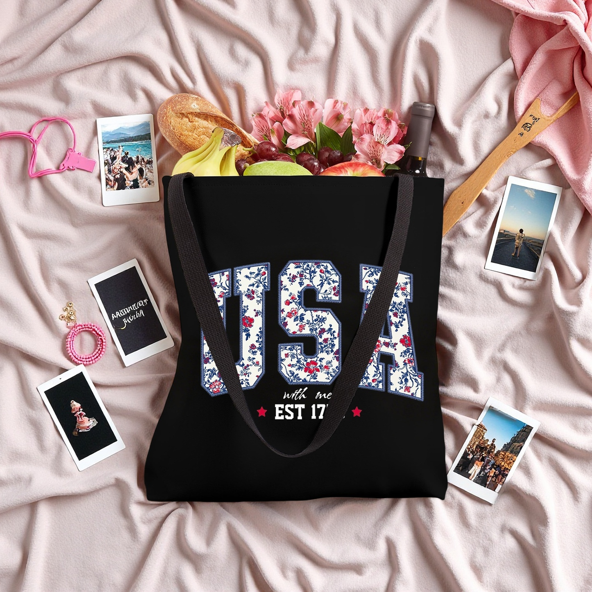 Personalized Tote Bag Floral USA 4th Of July Summer Patriotic America Est 1776 Independence Day