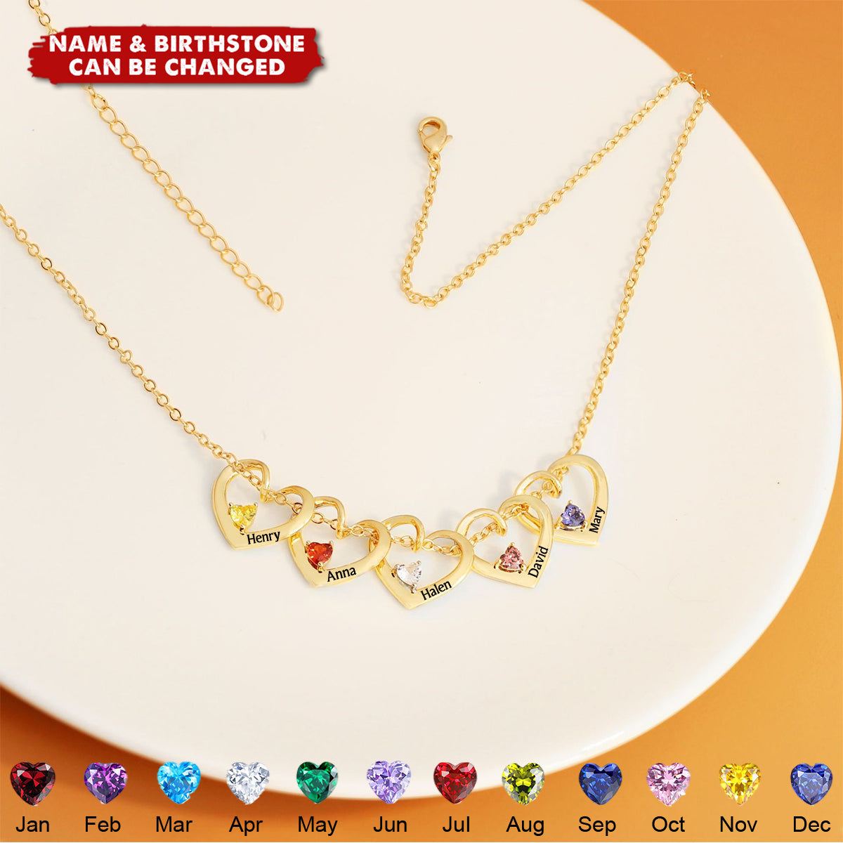 Personalized Heart Necklace with Name & Birthstone - Mother Grandma Gift
