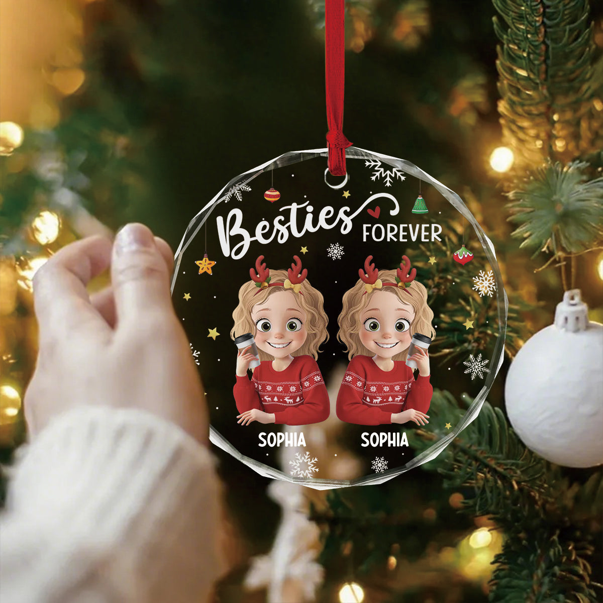 Personalized "Sisters Forever" Christmas Glass Ornament  With Icon & Name,Best Friend Birthday Gifts For Women Besties Sisters BFF