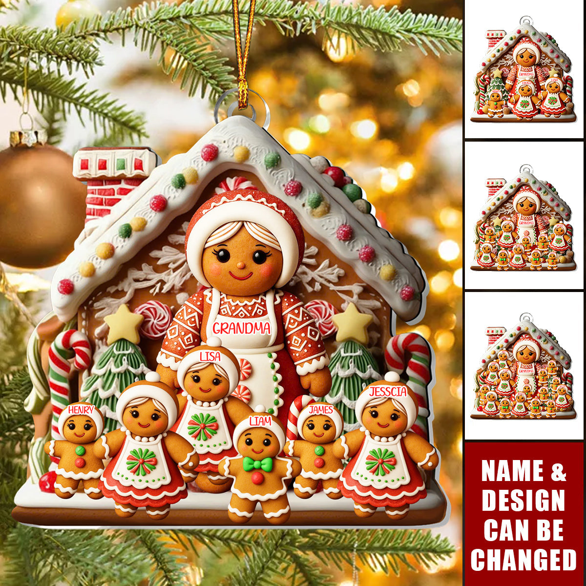 Personalized Grandma And Kids Gingerbread Family Ornament With 1-15 Names,Family "Wrapped" In Sweetness