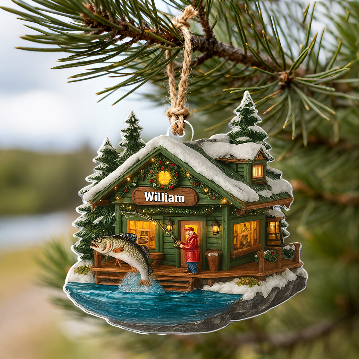 Personalized Fishing Cabin Ornament With Name & Bass Fishing Theme - Winter Fishing Gifts For Dad Husband Angler