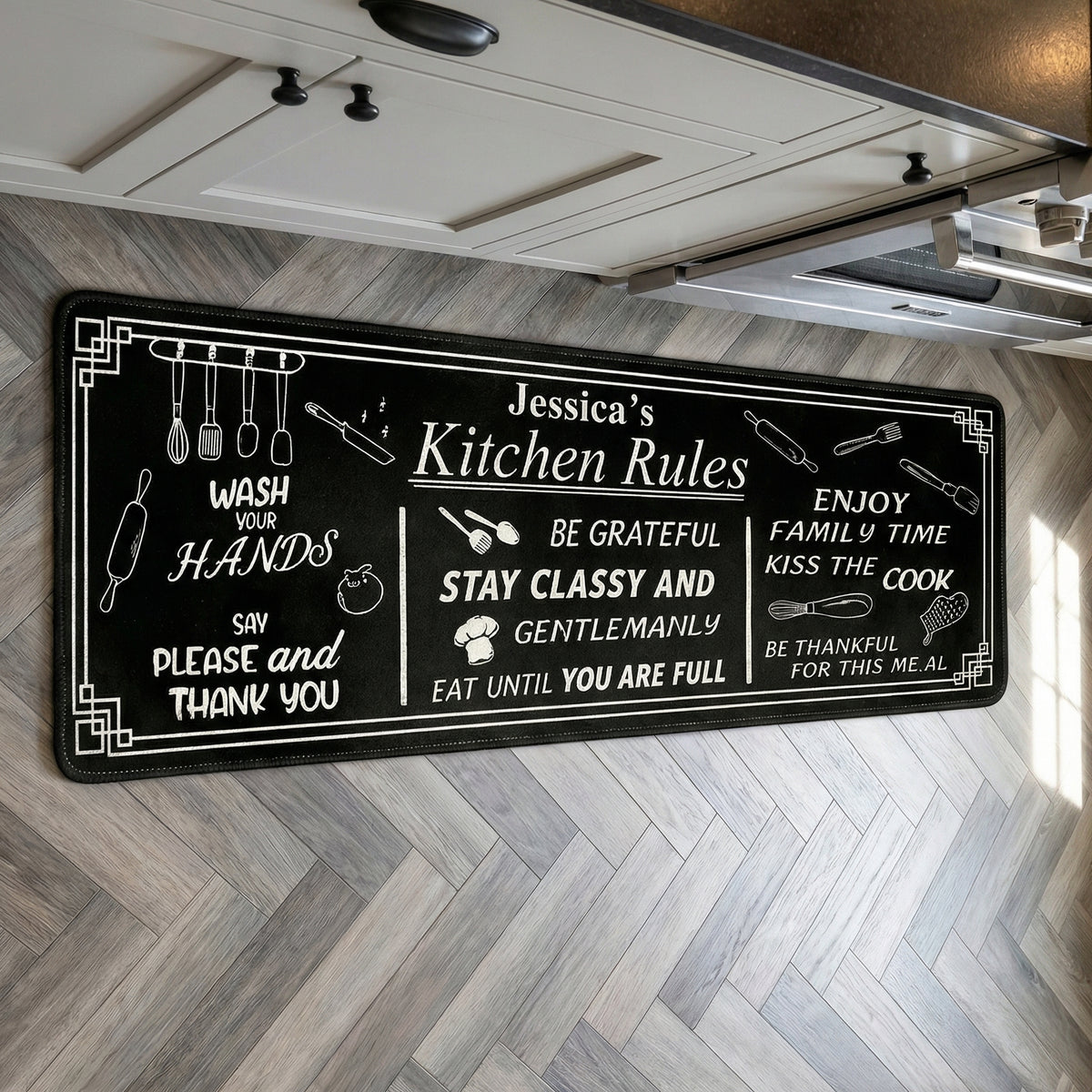 Personalized Non-Slip Kitchen Runner Rug With Family Name & Kitchen Rules - Mother's Day Gift For Mom