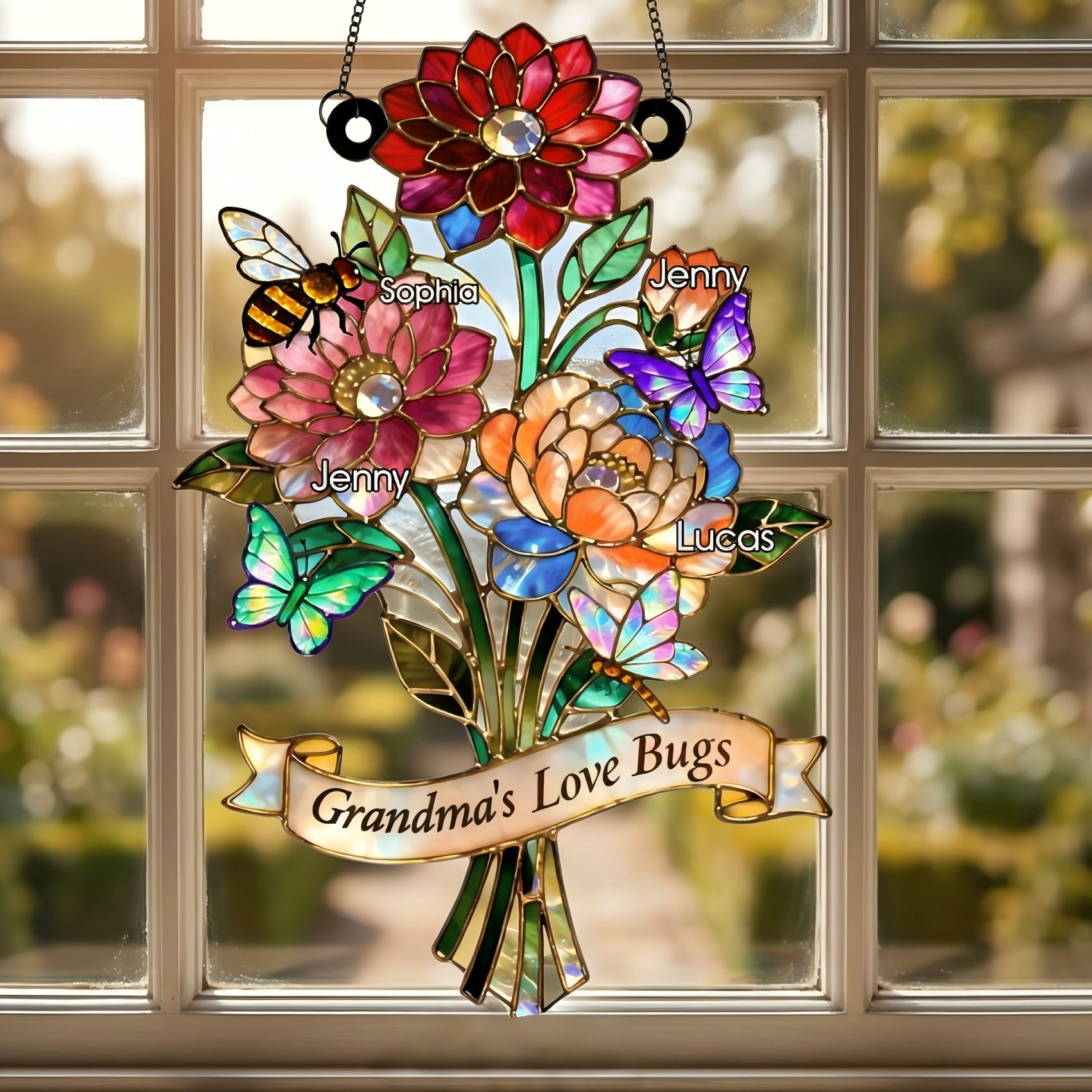 Personalized Grandma's Love Bugs Suncatcher Ornament With 1-8 Names| Mother DayGift For Mom Grandma