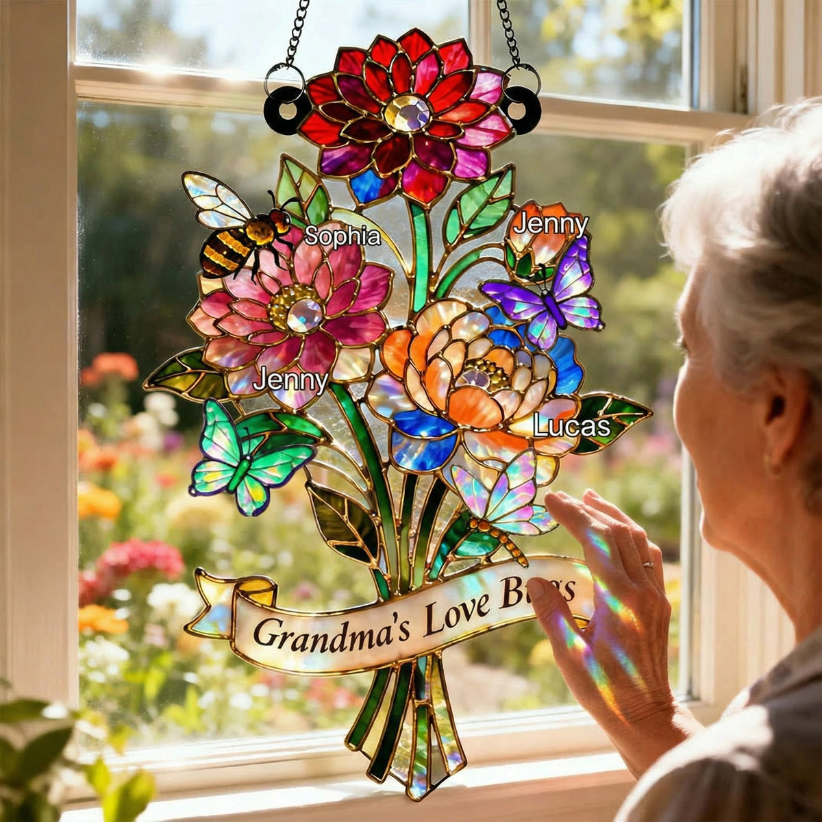 Personalized Grandma's Love Bugs Suncatcher Ornament With 1-8 Names| Mother DayGift For Mom Grandma