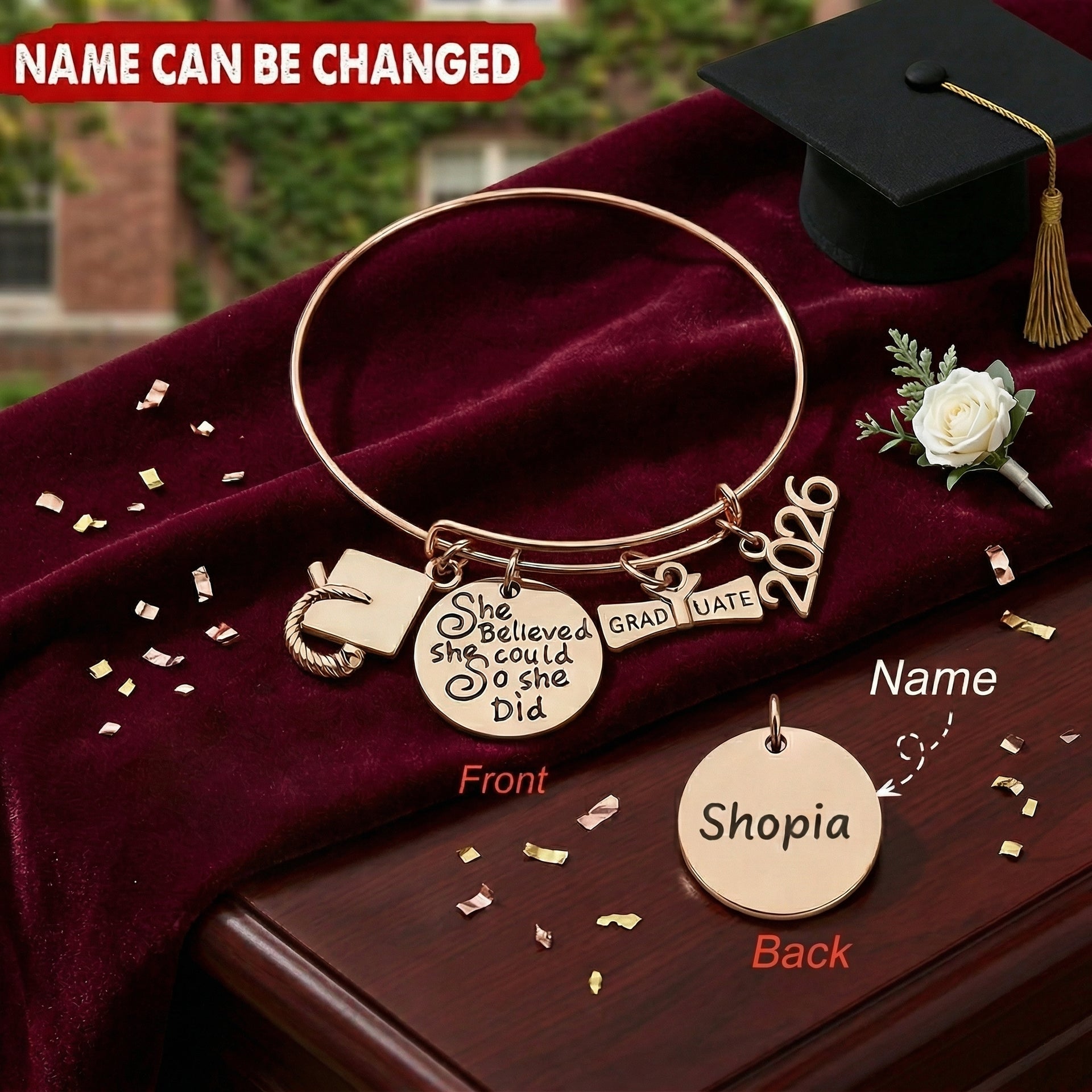Personalized Graduation Bracelet With "She Believed She Could" & Name | Jewelry Gift For 2026 Seniors