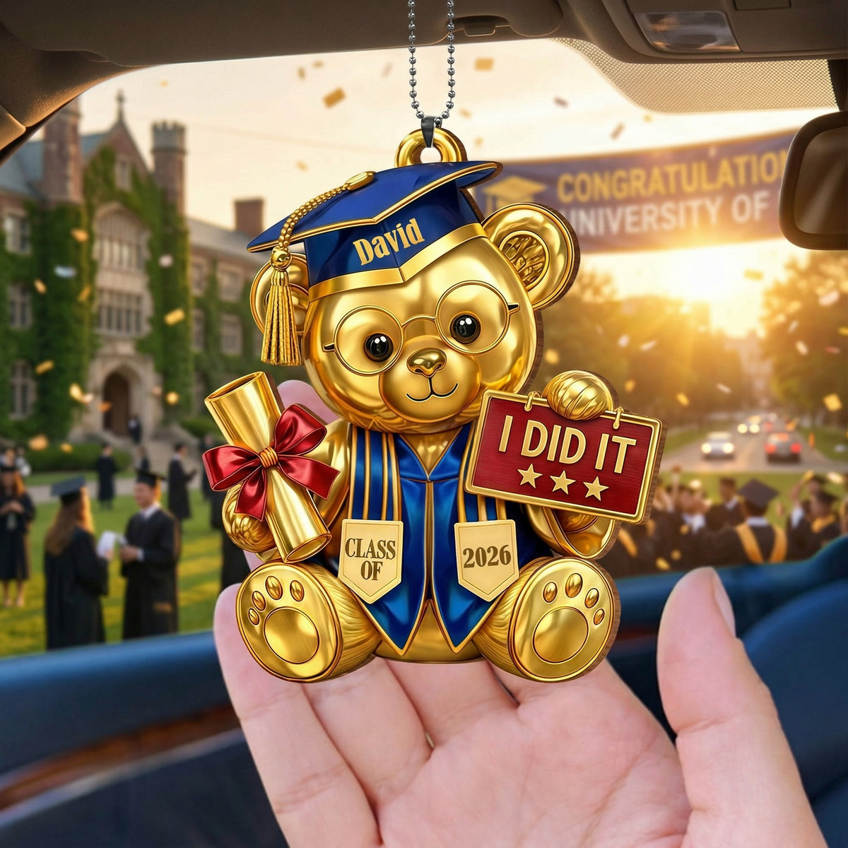 Personalized "I Did It" Class Of Graduation Bear Acrylic Car Ornament | Graduation Gift For Her Him