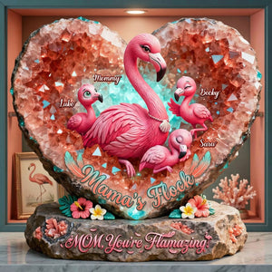 Personalized Flamingo Heart Shaped Acrylic Plaque With 1-6 Names | Mothers Day Gift For Mom Grandma