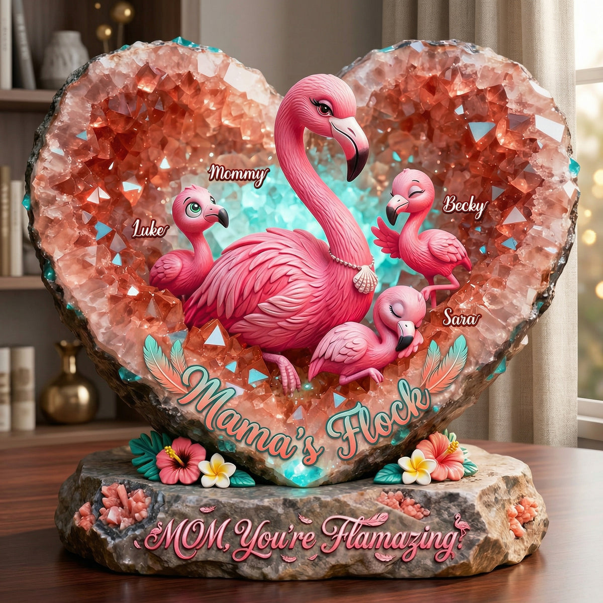 Personalized Flamingo Heart Shaped Acrylic Plaque With 1-6 Names | Mothers Day Gift For Mom Grandma