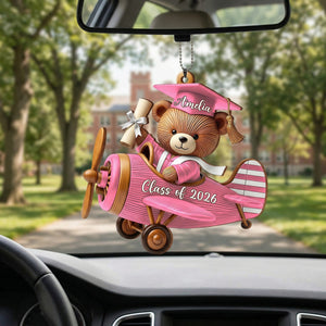 Personalized Wooden Graduation Bear Airplane Car Hanging Ornament With Name & Year | Gift For Graduates