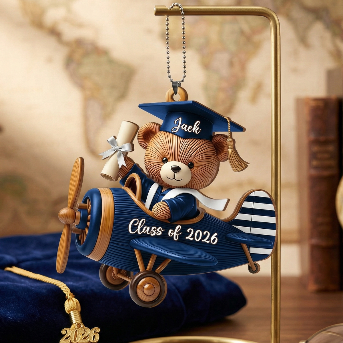 Personalized Wooden Graduation Bear Airplane Car Hanging Ornament With Name & Year | Gift For Graduates