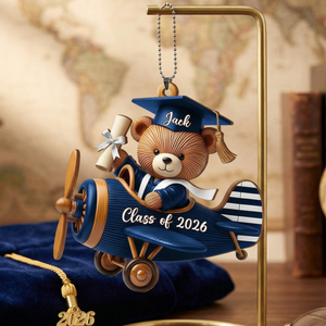 Personalized Wooden Graduation Bear Airplane Car Hanging Ornament With Name & Year | Gift For Graduates