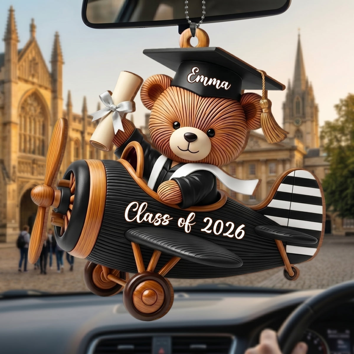 Personalized Wooden Graduation Bear Airplane Car Hanging Ornament With Name & Year | Gift For Graduates