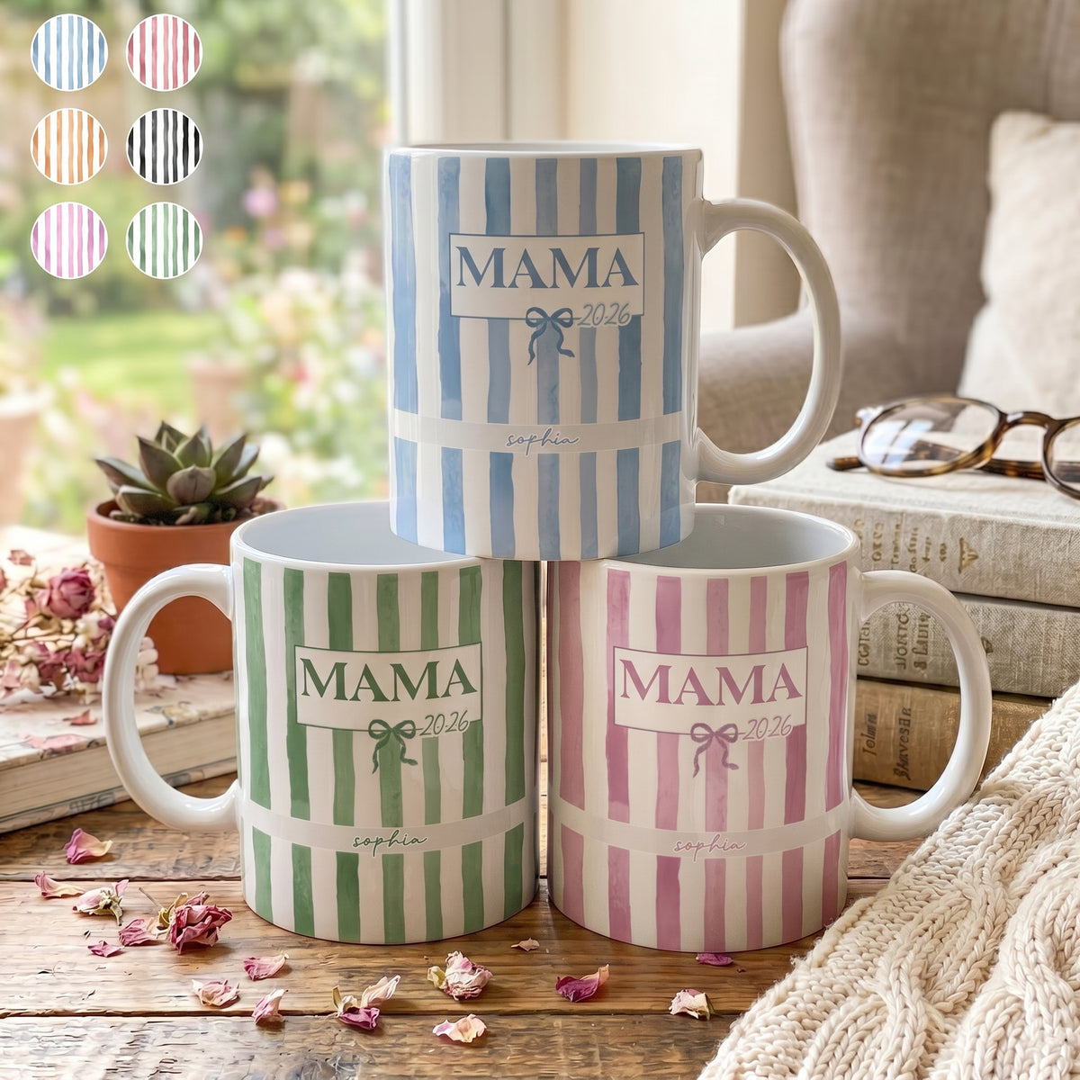 Personalized  Striped Mug With 1-8 Kid Names & Titles | Creative Mother’s Day Gift For Mama Nan