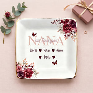 Personalized Mommy Floral Jewelry Dish With 1-4 Kid Names & Titles |  Mother’s Day Gift For Mom Grandma