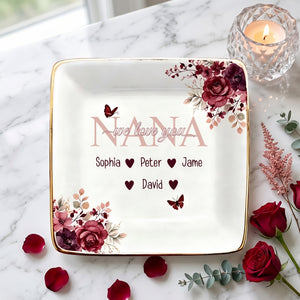 Personalized Mommy Floral Jewelry Dish With 1-4 Kid Names & Titles |  Mother’s Day Gift For Mom Grandma