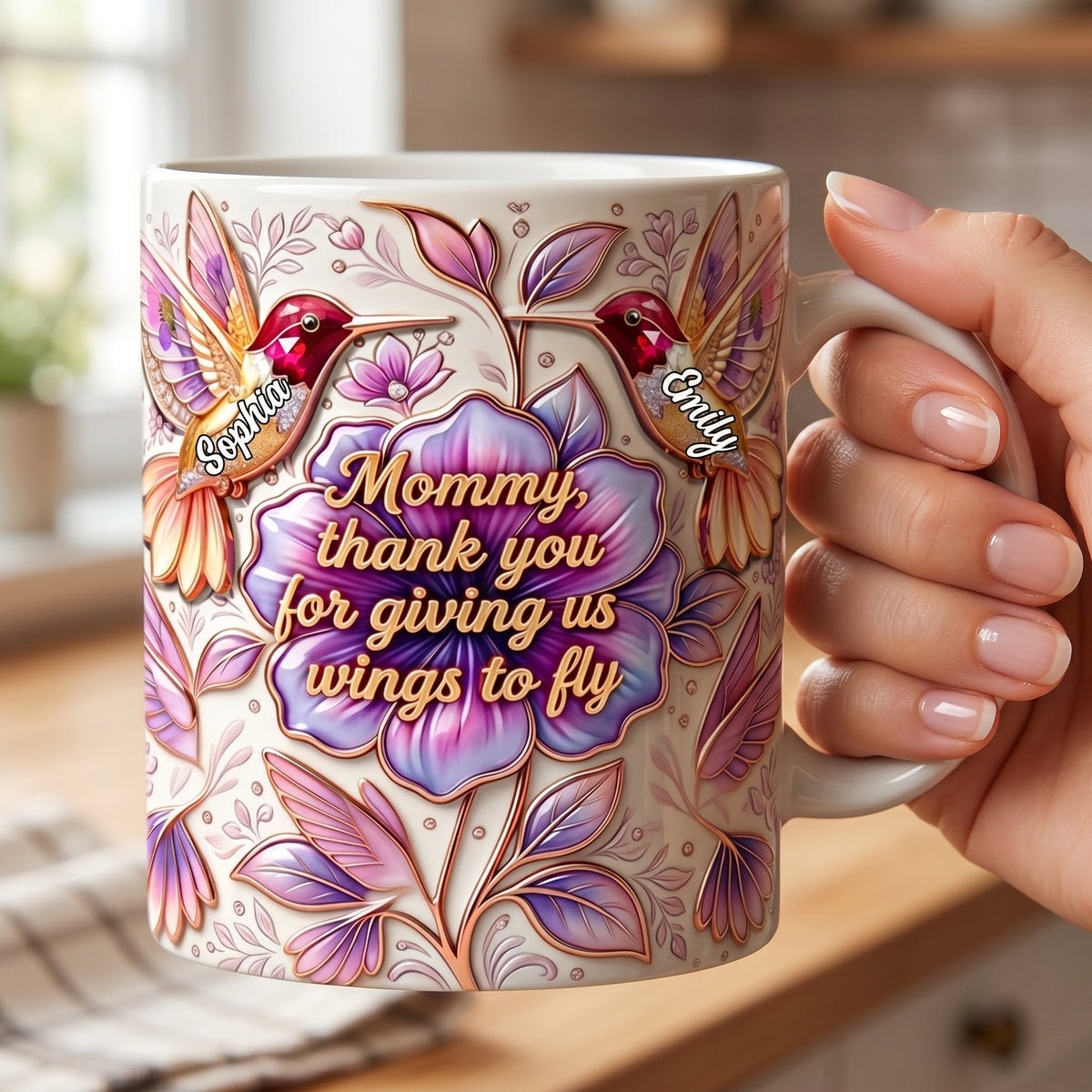 Personalized Hummingbird Coffee Mug With 1-5 Kid Names | Mother’s Day Gift For Mom & Grandma