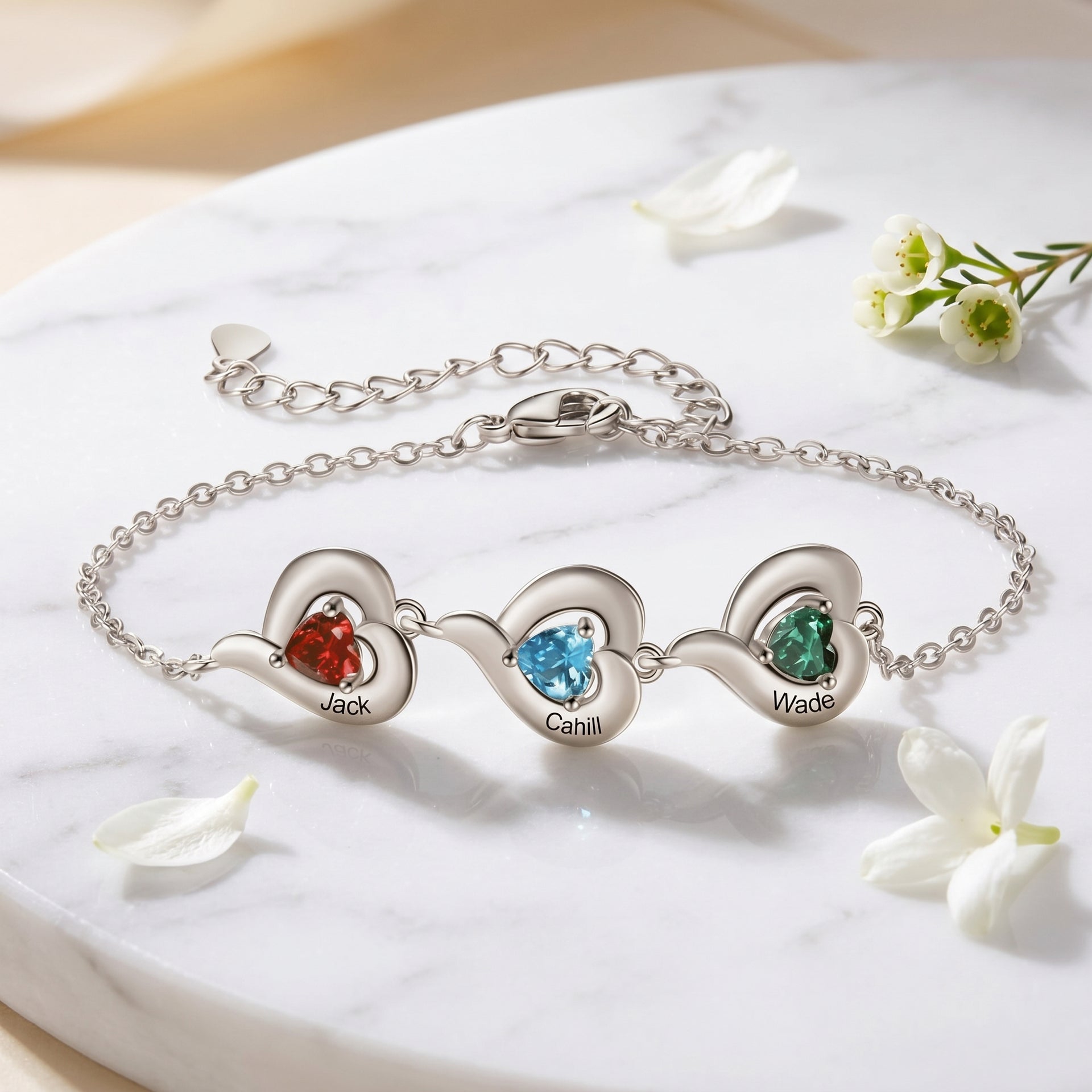Customized Heart-Shaped Birthstone Bracelet With 1-5 Kid's Names - Mother’s Day Gift For Mom & Grandma