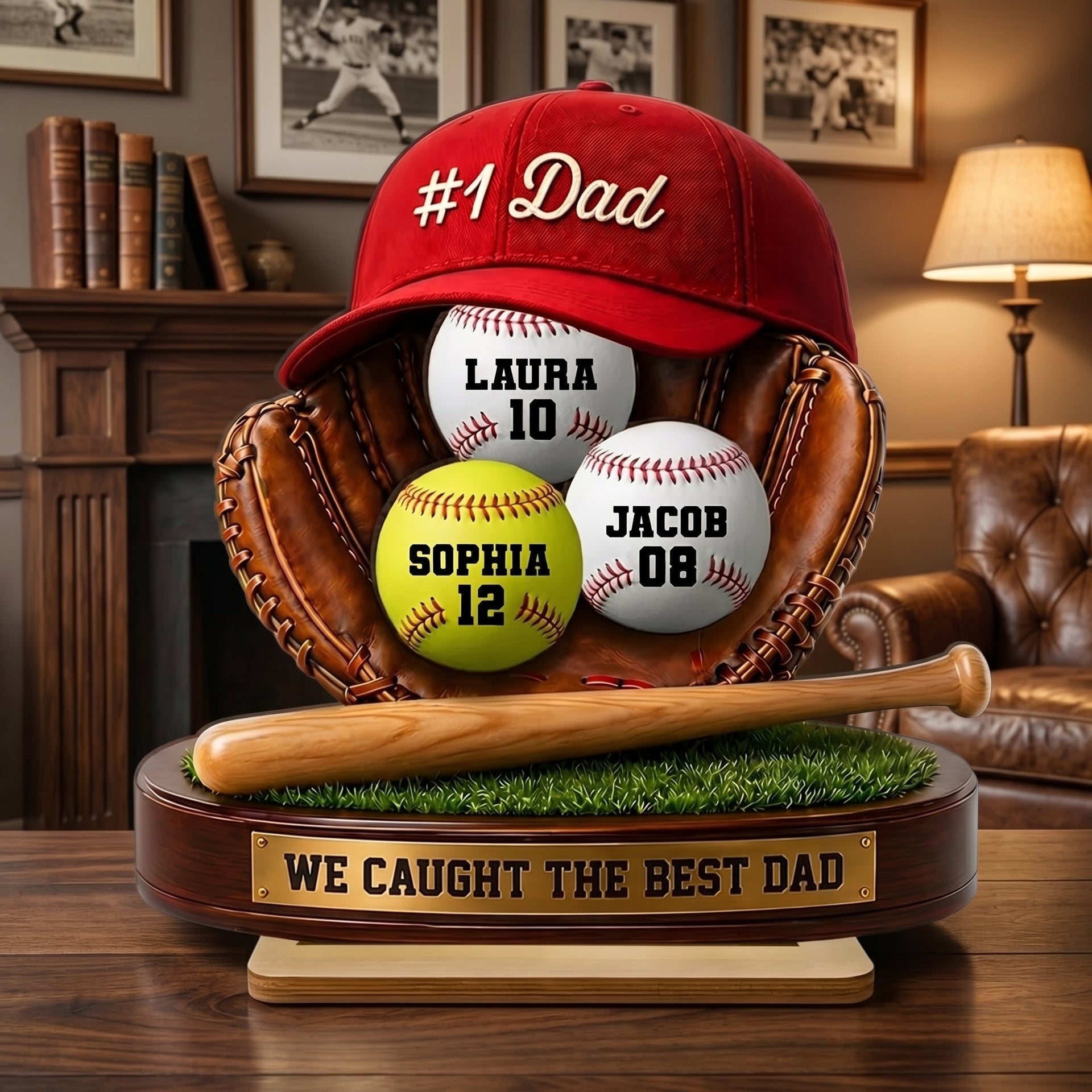 Personalized Baseball Dad 2-Layer Wooden Plaque With 1-6 Names & Numbers - Father's Day Gift For Dad