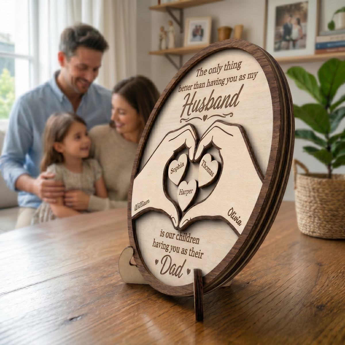 Personalized 2-Layer Heart Hands Wooden Plaque With 1-6 Kid's Names | Father's Day Gift For Husband & Dad