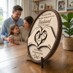 Personalized 2-Layer Heart Hands Wooden Plaque With 1-6 Kid's Names | Father's Day Gift For Husband & Dad