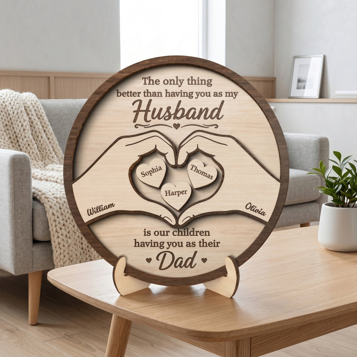 Personalized 2-Layer Heart Hands Wooden Plaque With 1-6 Kid's Names | Father's Day Gift For Husband & Dad