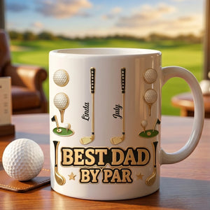 Personalized "Best Dad By Par" Ceramic Coffee Mug With Kid's Names - Father's Day Golf Gift