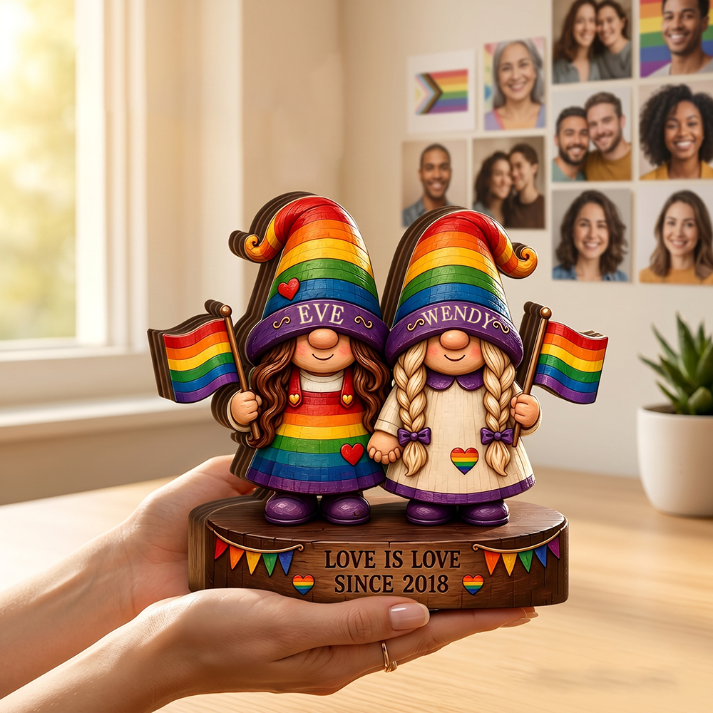 Customized Rainbow Gnome Couple Wooden Block With Names & Year - Anniversary Surprise Gift For LGBTQ Or Bestie