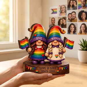 Customized Rainbow Gnome Couple Wooden Block With Names & Year - Anniversary Surprise Gift For LGBTQ Or Bestie