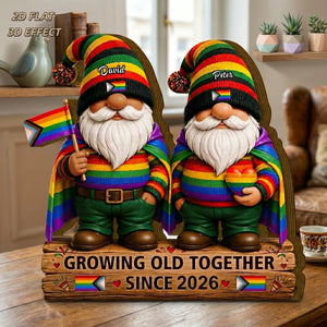 Personalized  "Growing Old Together" Gnome Wood Blocke With Name & Year — Anniversary Gift For Couple