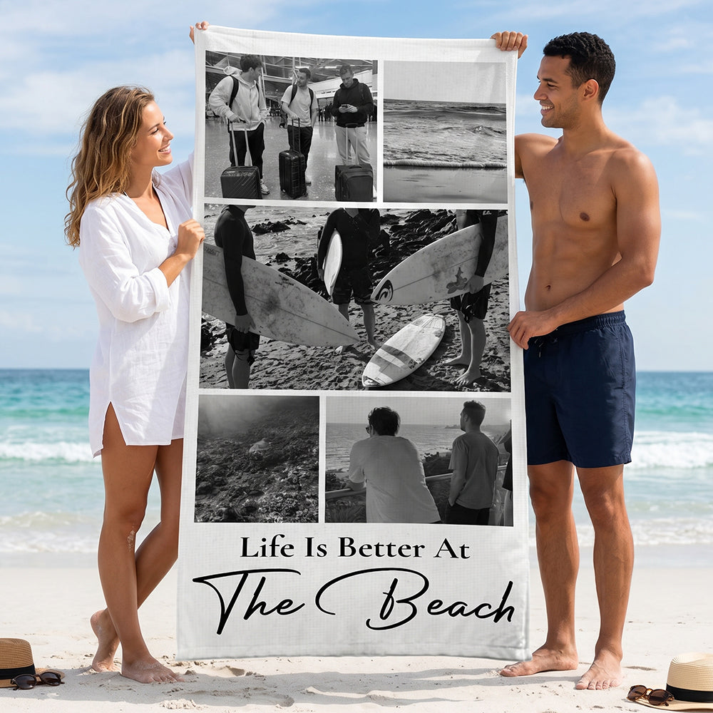 Personalized Photo Collage Beach Towel With Custom Text For Summer Best Friends Trip