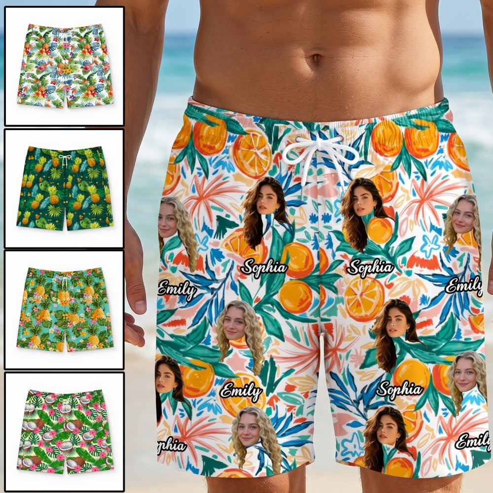 Custom Photo Names Hawaiian Beach Shorts With Tropical Floral Graphic For Summer Gift