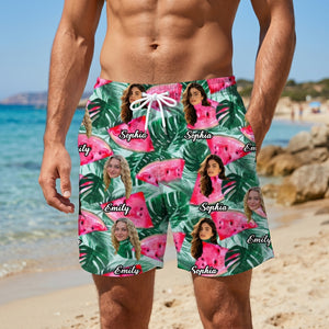 Custom Photo Names Hawaiian Beach Shorts With Tropical Floral Graphic For Summer Gift