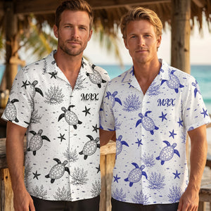 Personalized Name Hawaiian Shirt With Sea Turtle & Starfish Graphic For Summer Beach Vacation