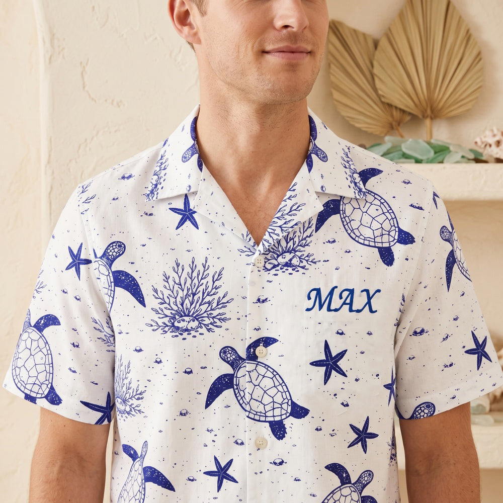 Personalized Name Hawaiian Shirt With Sea Turtle & Starfish Graphic For Summer Beach Vacation