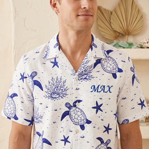 Personalized Name Hawaiian Shirt With Sea Turtle & Starfish Graphic For Summer Beach Vacation