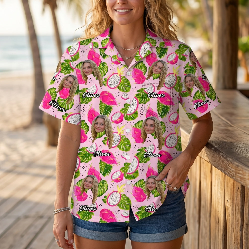 Personalized Face Name Hawaiian Shirt With Tropical Fruit Graphic For Summer Beach Gift