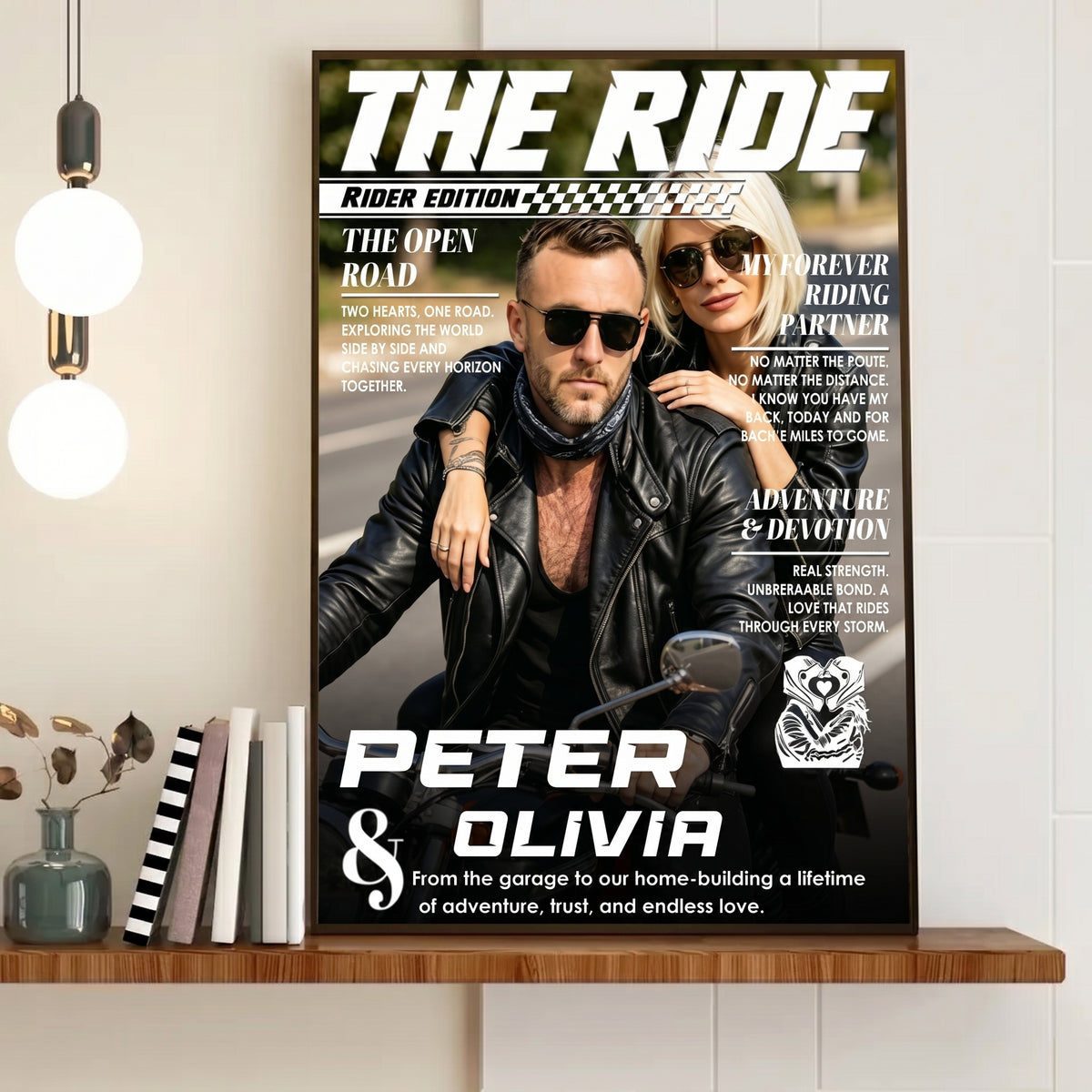 Custom Name & Photo Motorcycle Magazine Cover Poster | Personalized Biker Couple Canvas Art Gift