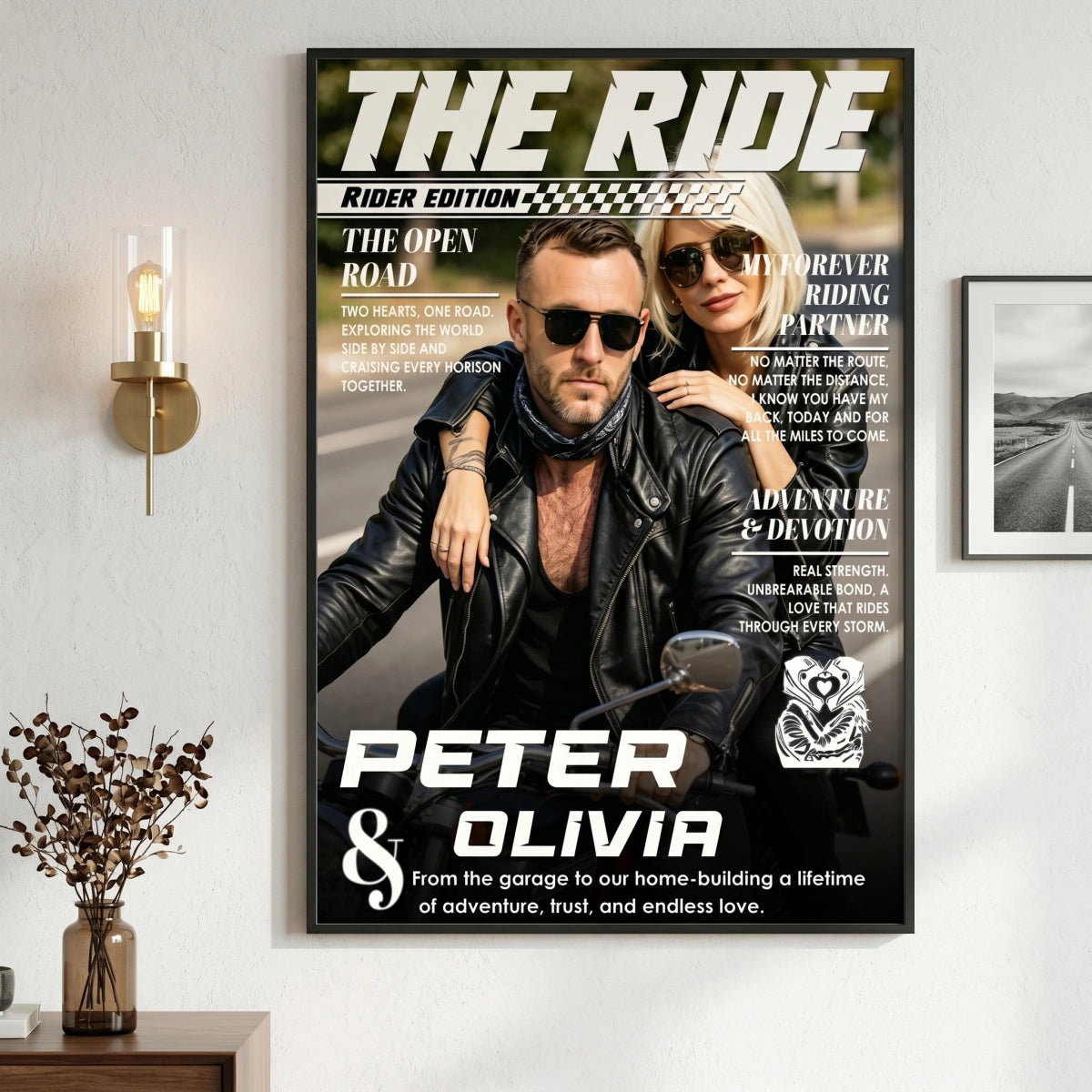 Custom Name & Photo Motorcycle Magazine Cover Poster | Personalized Biker Couple Canvas Art Gift