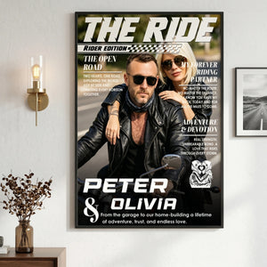 Custom Name & Photo Motorcycle Magazine Cover Poster | Personalized Biker Couple Canvas Art Gift
