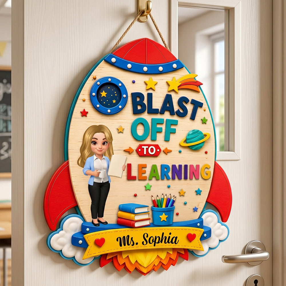 Personalized Teacher Name Wood Sign With Rocket Space Graphic For Back To School Classroom Decor