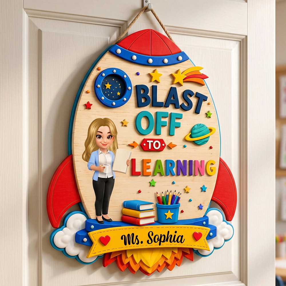 Personalized Teacher Name Wood Sign With Rocket Space Graphic For Back To School Classroom Decor