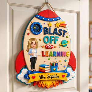 Personalized Teacher Name Wood Sign With Rocket Space Graphic For Back To School Classroom Decor