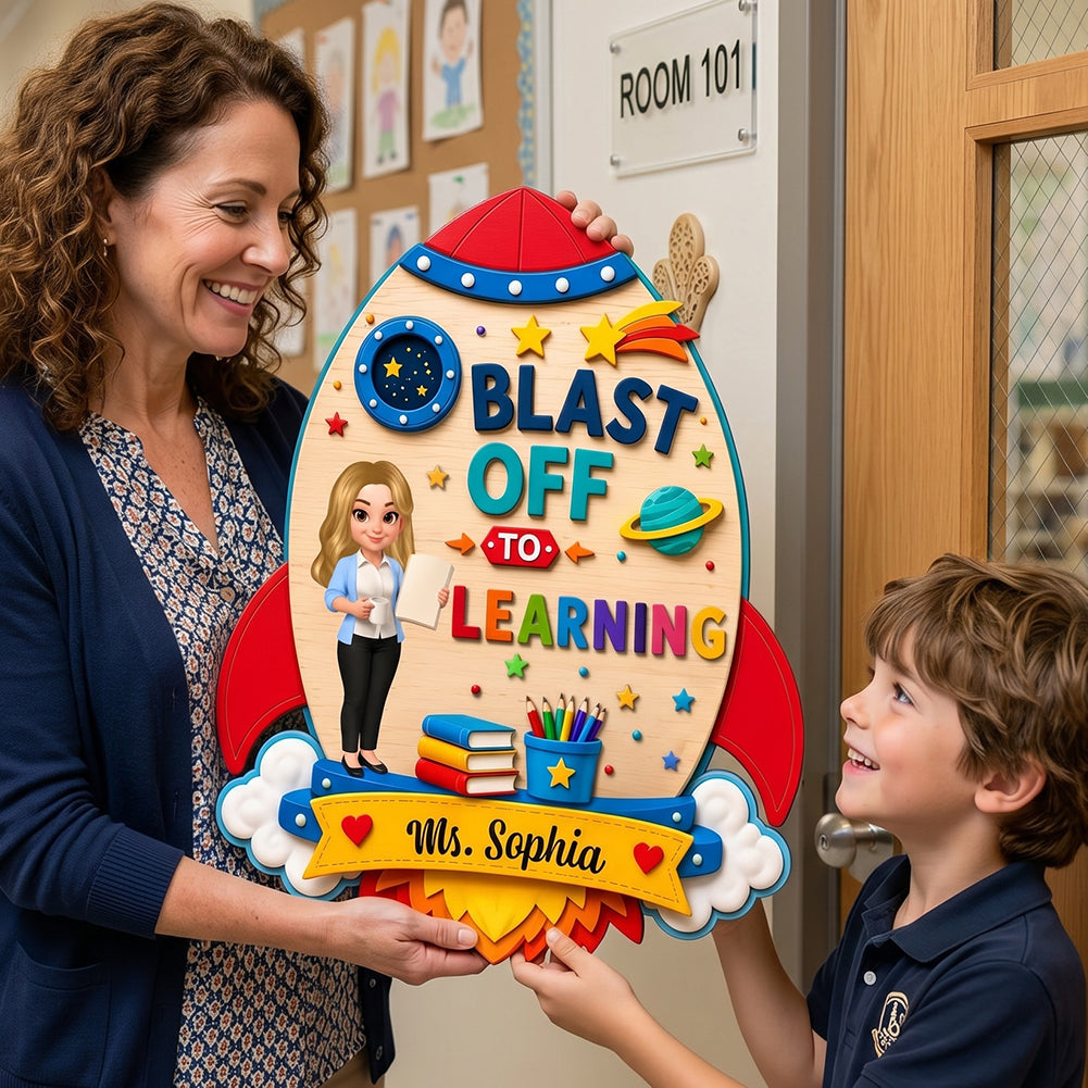 Personalized Teacher Name Wood Sign With Rocket Space Graphic For Back To School Classroom Decor